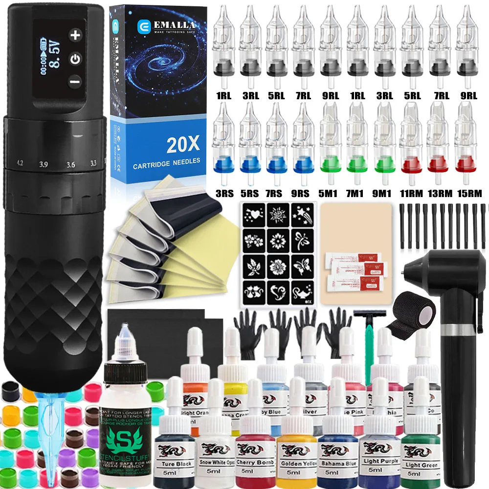 

Наборы машин для татуировки, беспроводная машина для татуировки, ручка, 7-тактная с картриджем EMALLA, иглы, инструмент для переноса татуировщика начинающего художника