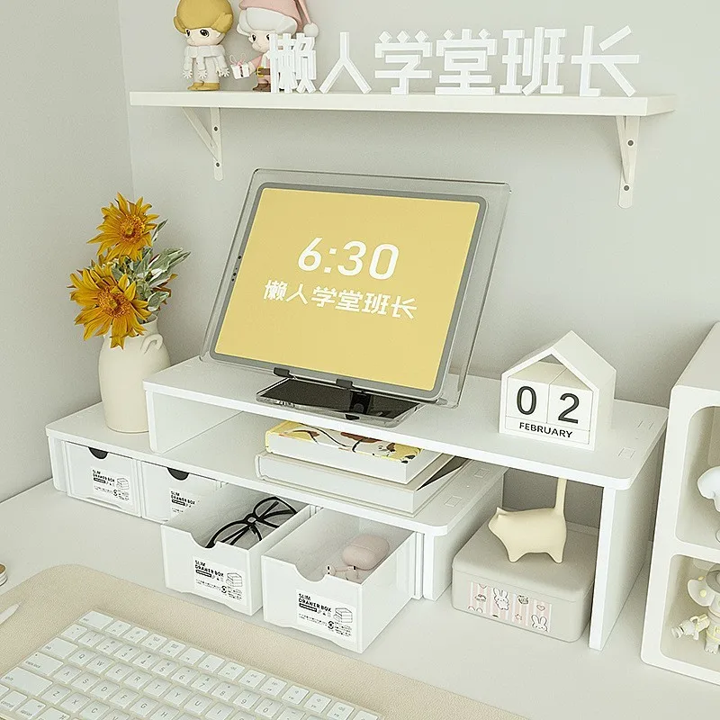 Desktop Riser Stand Drawer Style Computer Notebook Monitor Storage Box Dormitory Desk Organizer PVC Material Home Organization