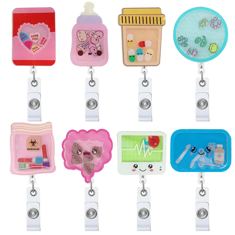 

Glitter Acrylic Medicine Bottle Nurse Badge Reel Retractable ID Badge Holder With 360 Rotating Alligator Clip Name Holder