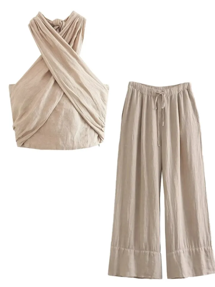 

2 Piece Set Summer New Fashion Women's Sexy Halter Top Summer Short Tops High Waist Wide Leg Trousers 2025 Streetwear Pants Sets