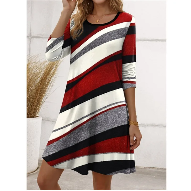 New 2024 Spring Long Sleeve Round Neck Casual Dress 3D Element Printed Loose Mini Dress Multi Color A-Line Dress Vestidos