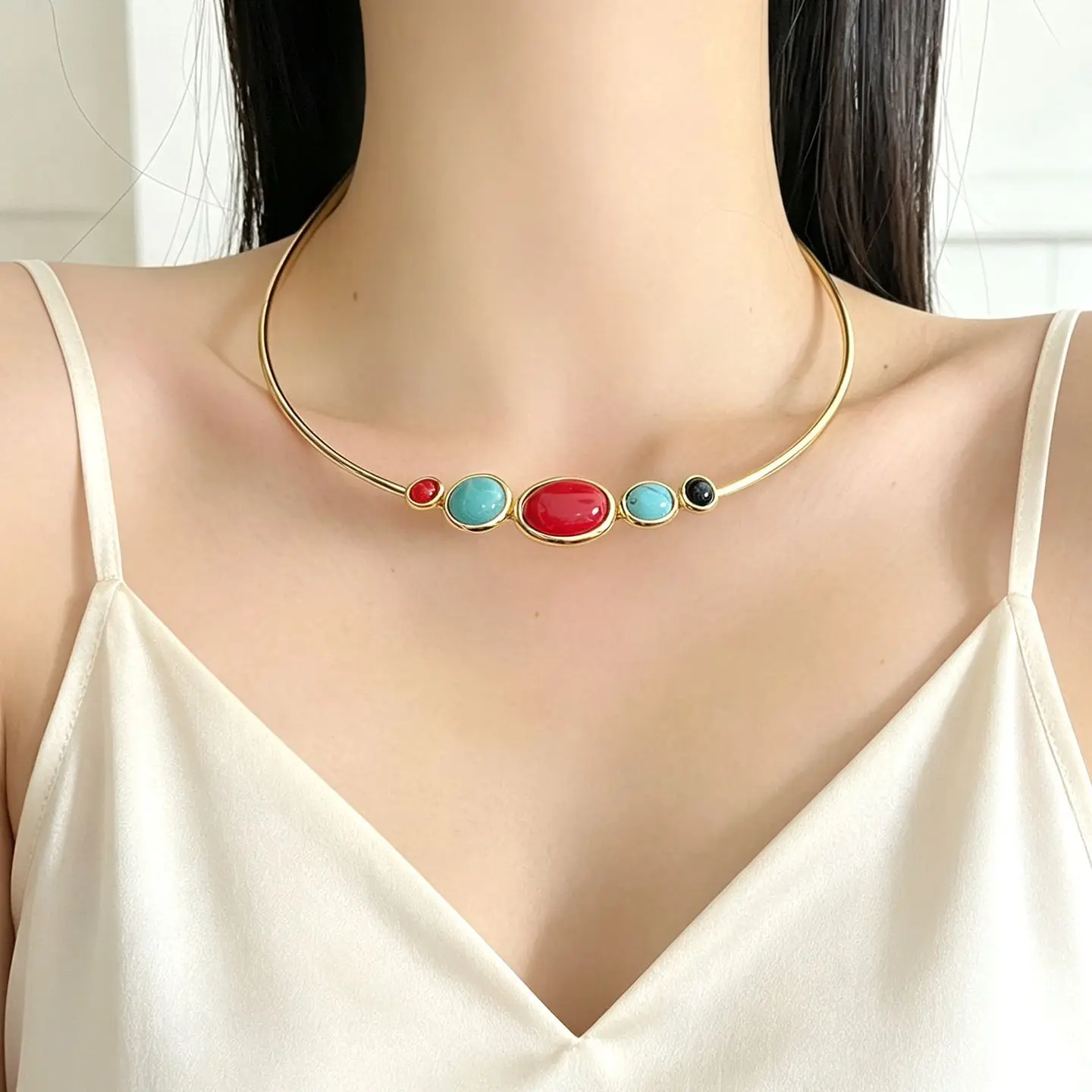 Vintage Palace Style Colorful Gem Thin Collar Choker for Women, Luxury Gold Tone Short Neck Necklace Jewelry