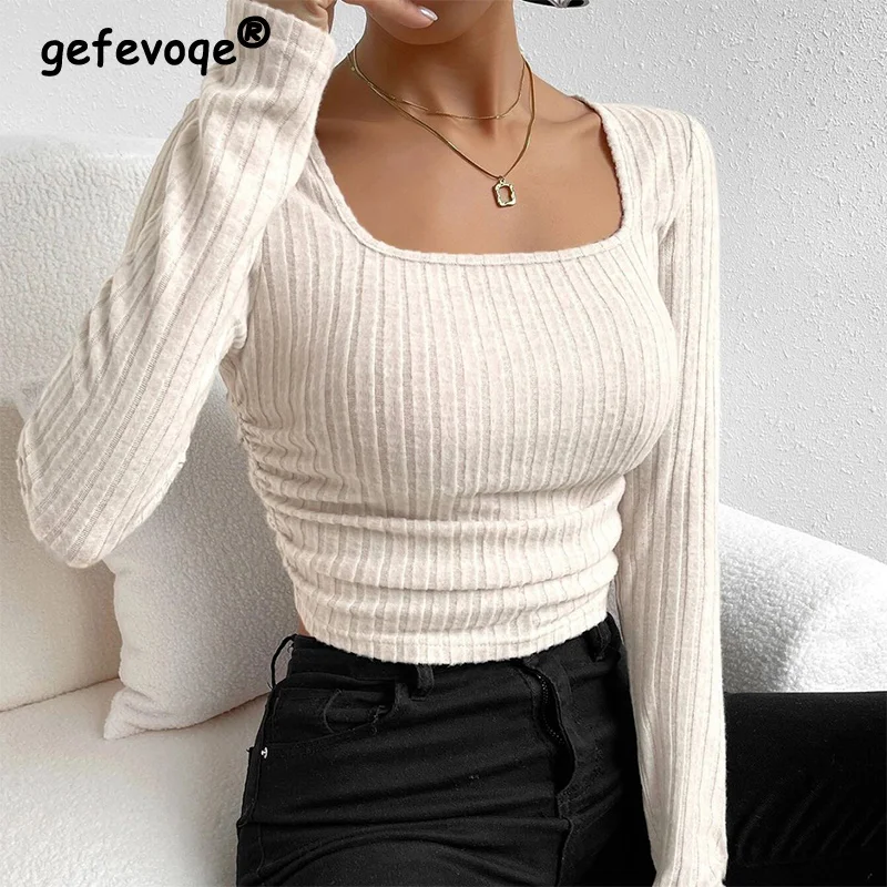 

Autumn Winter Square Collar Solid Color Bottoming T-shirt Female Long Sleeve All-match Slim Pullover Tee Women Fashion Short Top