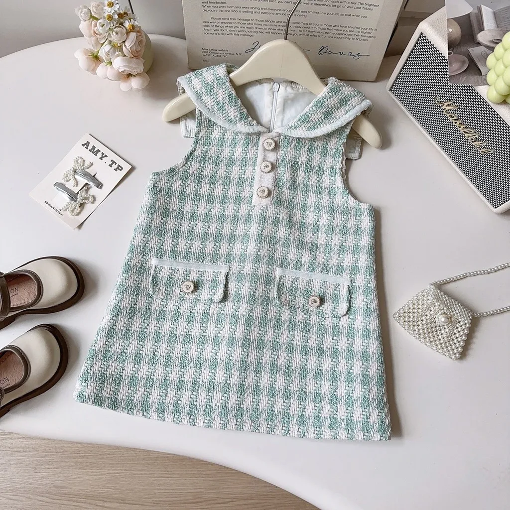 Autumn New Sweet and Cute Little Fragrant Style Fashionable Lapel Plaid Vest Dress Korean Version for Girls To Wear Outdoors