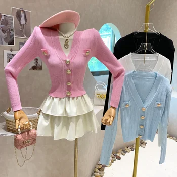 2025  Sweaters for Women Gentle Slim Korean Clothes Cropped Pink Cardigan V-neck Metal Button Knitted  Jacket Sun Shirts
