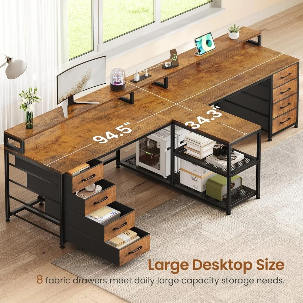 Scrivania da gioco per 2 persone da 94,5", scrivania lunga per computer da ufficio con 8 cassetti e luci a LED, scrivania per due persone con contenitore,