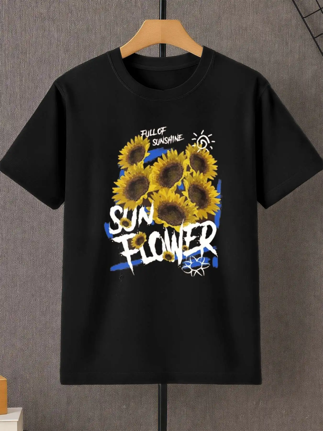 عباد الشمس الجرافيك رجل المحملة الرجال 220gsm جديد الصيف عادية طاقم الرقبة القطن الخالص قصيرة الأكمام تي شيرت