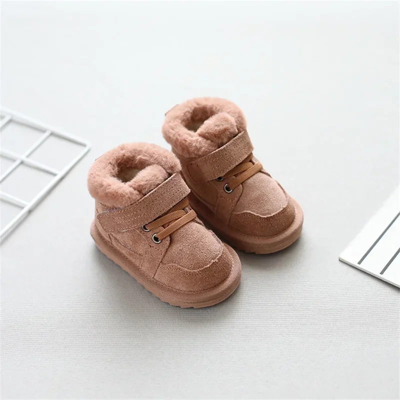 Children Boots Girls Geniune Leather Warm Plush Snow Boots Baby Boys Soft Sole Wearable Infant Cotton Shoes Size 15-25