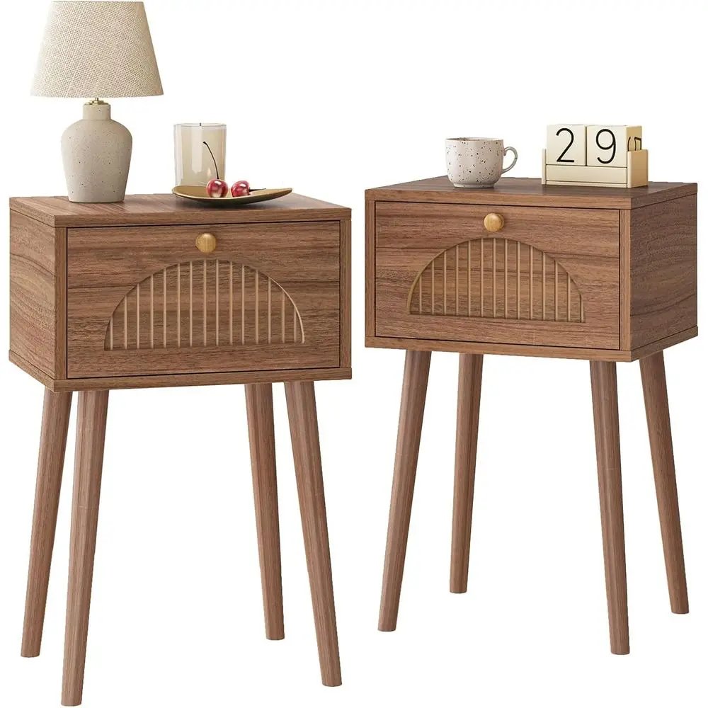 

Pair of Nightstands with Sliding Doors, Compact Solid Wood End Table for Bedrooms, Mid-Century Inspired, Natural Walnut Finish,
