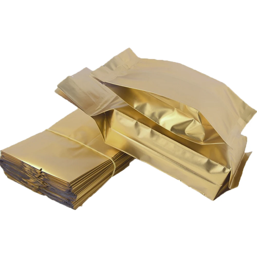 100Pcs/Lot Matte Gold Aluminum Foil Side Gusset Bag Open Top Heat Vacuum Seal Tear Notch Food Candy Tea Snack Storage Pouches