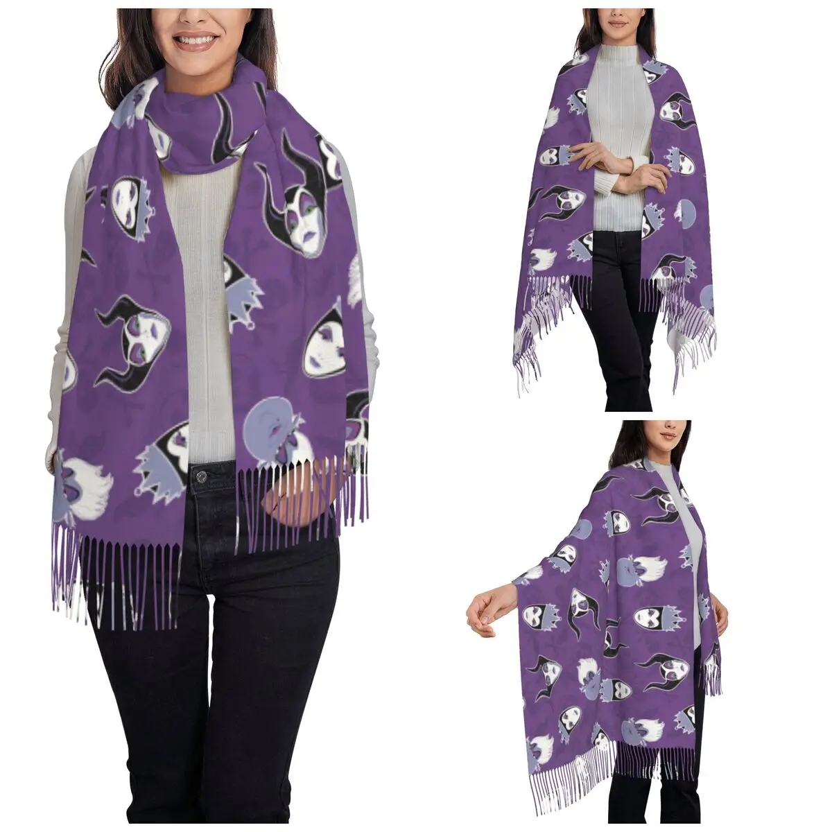 Women's Tassel Scarf Villains Cartoon Queen Movie Long Soft Warm Shawl Wrap Evil Maleficent Daily Wear Pashmina Scarves