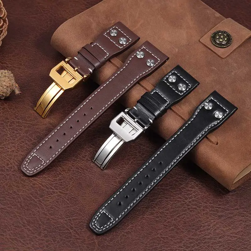 Genuine Leather Watch band With Rivets For IWC Big Pilot Mark 18 Portuguese strap 20mm 21mm 22mm men's Folding Buckle Bracelet