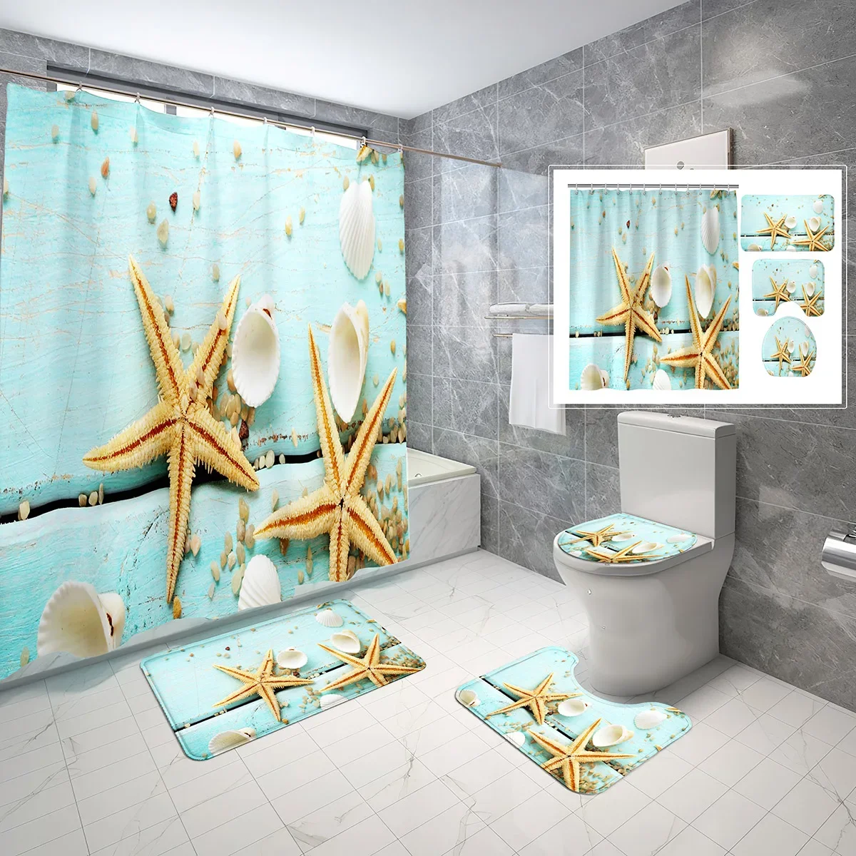 4 Pcs Shell Shower Curtain Sets Urquoise Marine Beach Starfish Non-Slip Bath Mat Toilet Cover Waterproof Shower Curtain Set