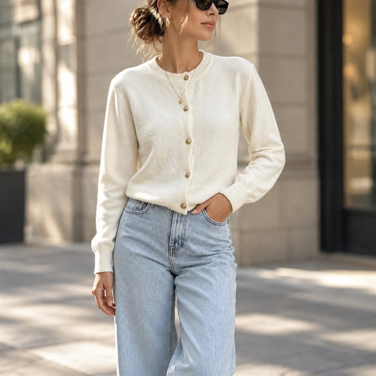 Round Neck Button Closure Sweater Regular Fit Elegant Commuter Style with Long Sleeve Cardigan for Women Heat Set Finish