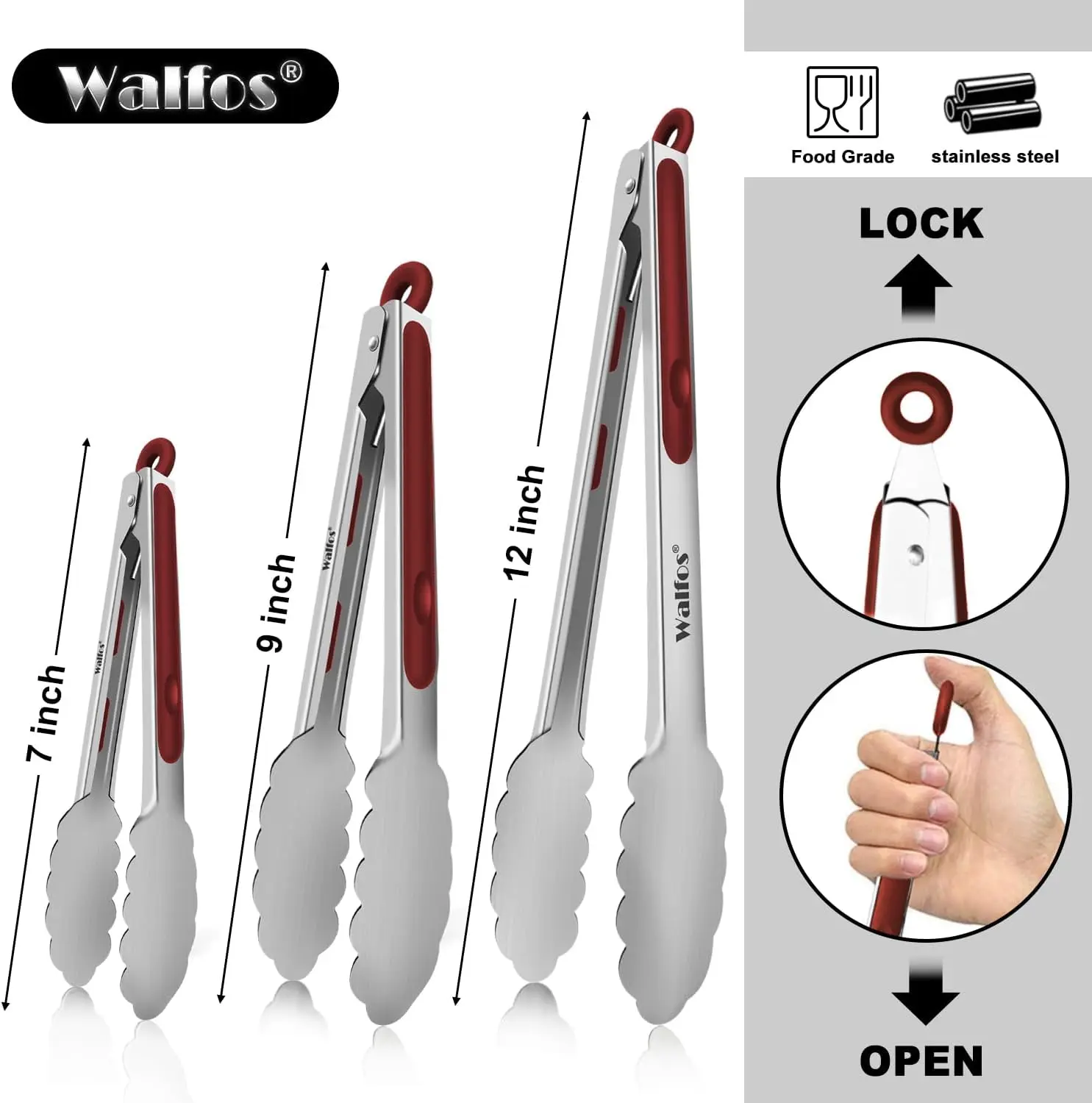 Walfos 1-częściowe czerwone szczypce kuchenne ze stali nierdzewnej Food Grade do gotowania Chwytak przedmioty Duty Locking Antypoślizgowy uchwyt Narzędzia do grillowania — zdjęcie 7