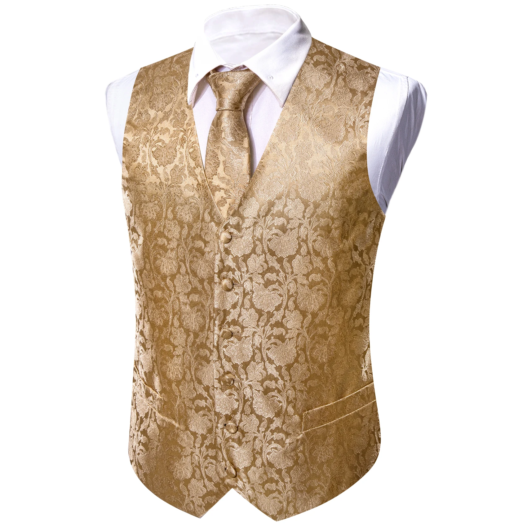 Pale Gold Floral Pattern V-Neck Vest 5-In-1 Set Tie Square Cufflinks Ring For Prom Gentleman Occasion
