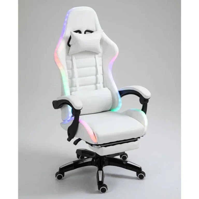 Silla Gamer DDP de Cuero PU Blanca, Silla de Juego para PC con Luces LED RGB, Masaje y Altavoces