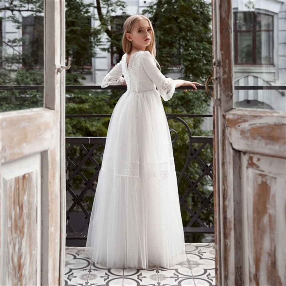 Vestido Menina Flor com Renda Branca, Cintura Alta, Tule Comprida, Frisado, Casamento, Elegante, Primeira Criança, Eucarística, Festa de Aniversário