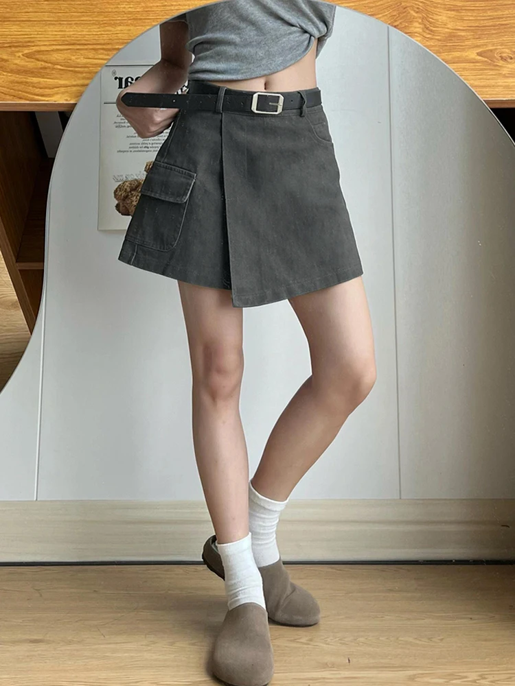 

2025 Autumn Winter Women Harajuku Gyaru 2000s Mini Demin A-line Irregular Skirt Korean Culottes Design Y2k Coquette Gyaru Kpop