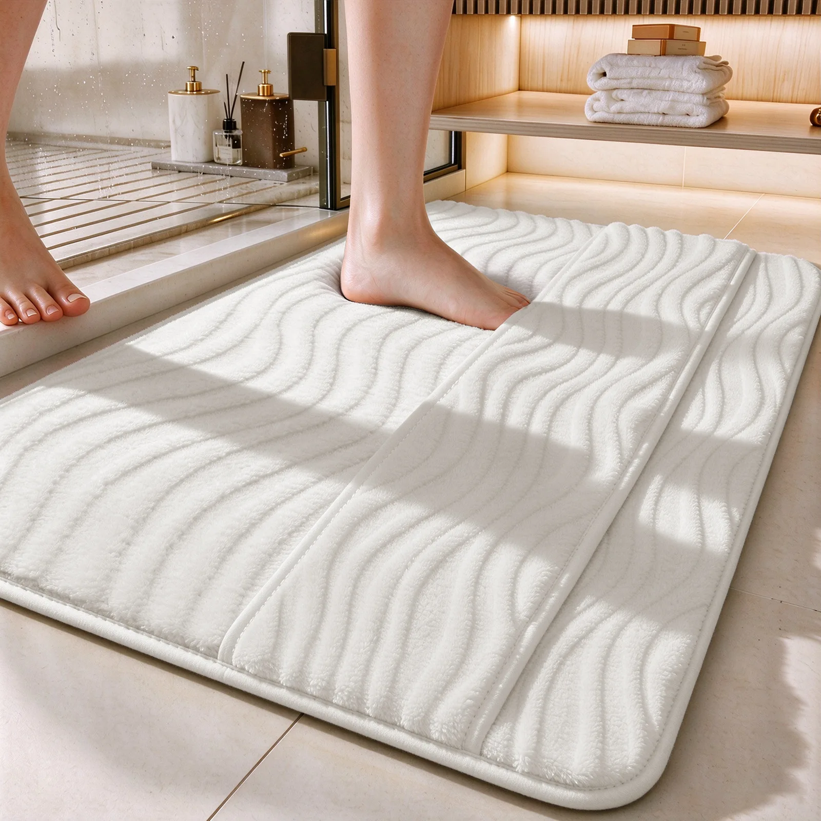 Solid Color Wave Pattern Memory Foam Bath Rug, Thick Slow Rebound Absorbent Non-Slip Bathroom Mat, Wipe-Feet Floor Mat