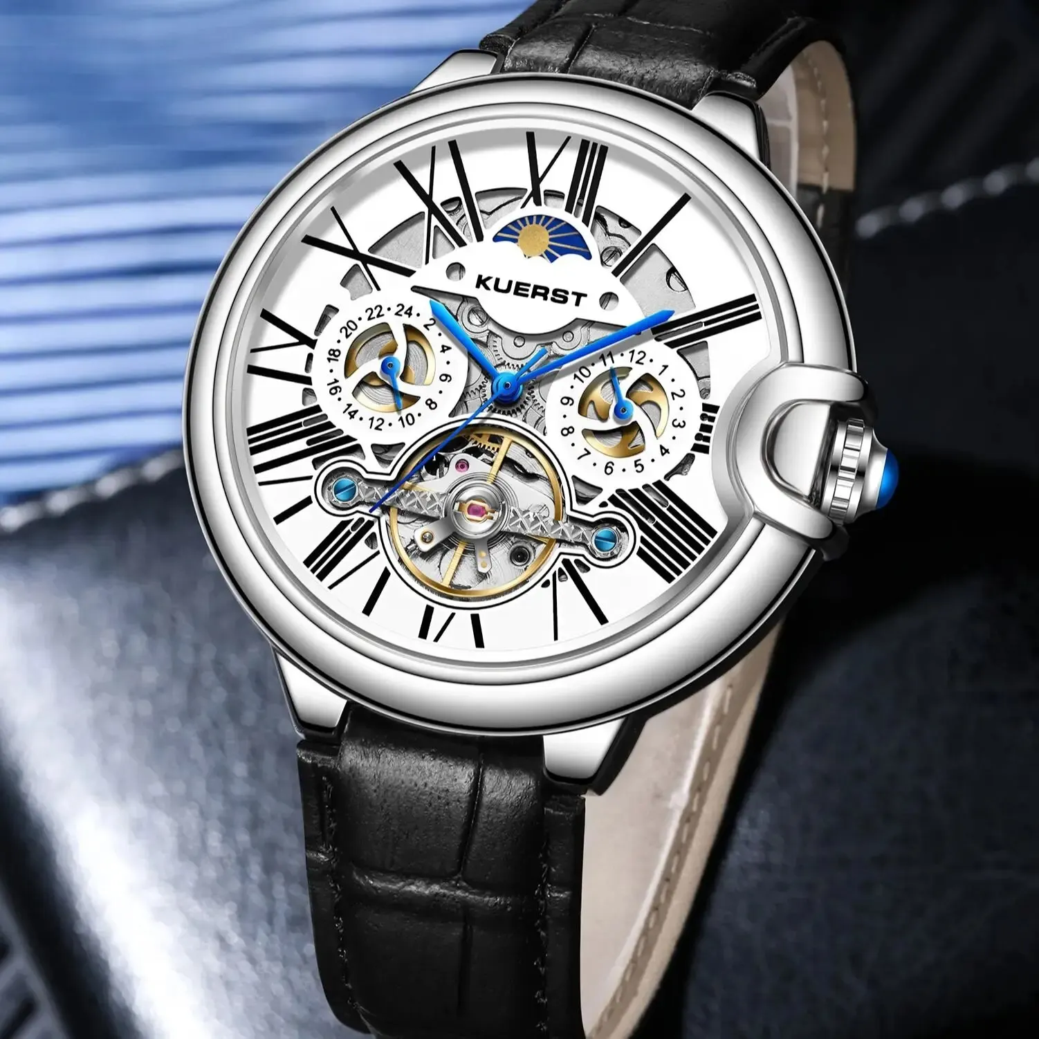 KUERST Day Star Double Press Bow Button Automatic Mechanical Multi Function Waterproof 24 Hours/flywheel Fashion Watch