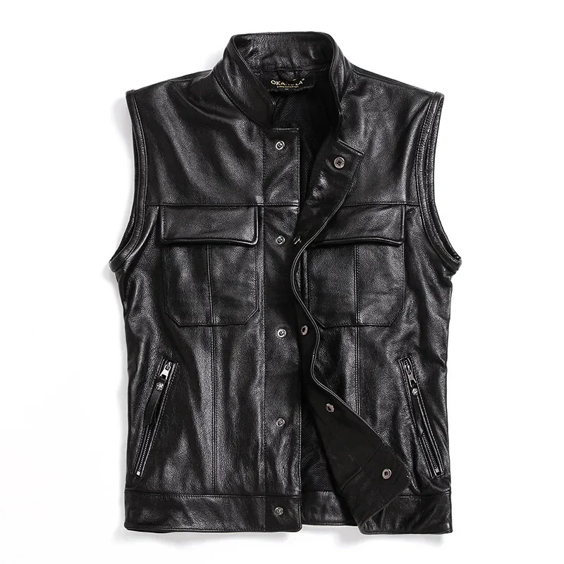 

LNY Shop Top,Brand new style cowhide vest.100% black Genuine leather men slim vest.motorbiker mens vests,quality sales,