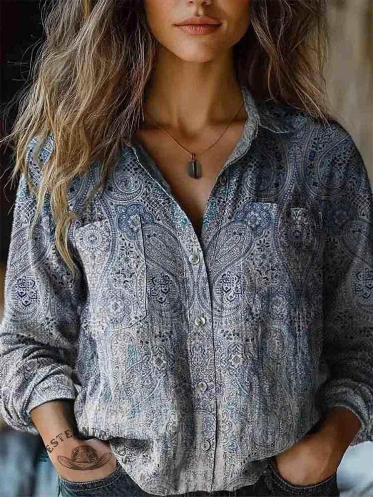 2025 Spring And Autumn New Bohemian Style Women\'s Casual Shirt Fashion Floral Print Lapel Long Sleeve Loose And Versatile Top