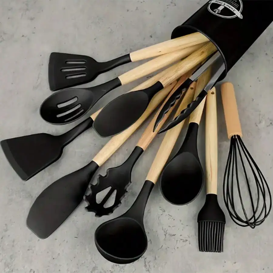 

12-Piece Non-Stick Silicone Kitchen Utensils with Ergonomic Wooden Handles