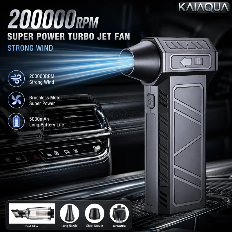 KaiAqua Turbo Jet Fan Electric Air Duster 200000RPM Adjustable Wind Speed Rechargeable Violent Blower With Light For Car Clean