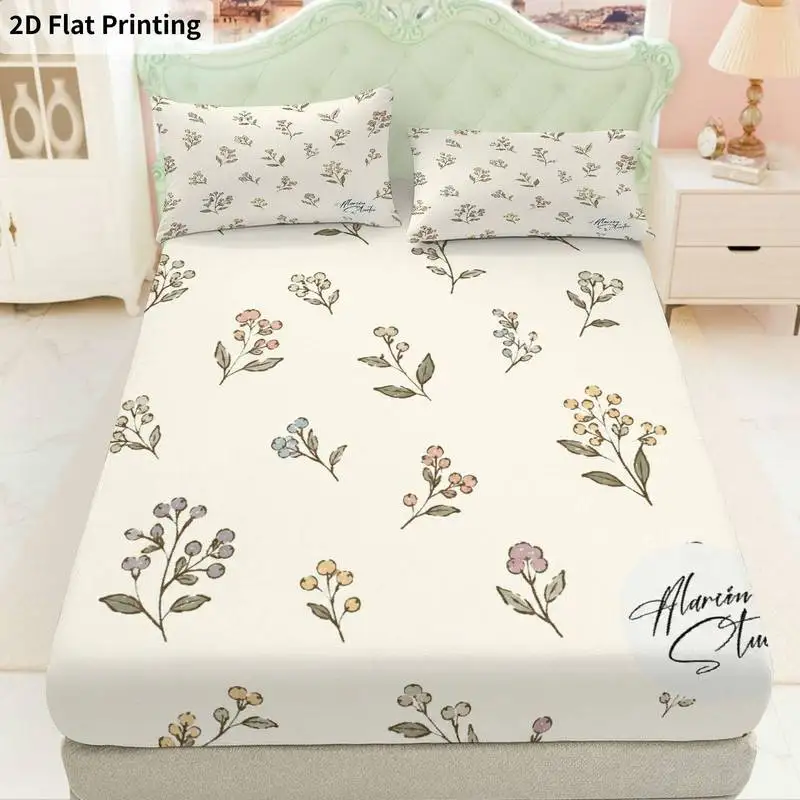 3Pcs Floralpastel Fitted Sheet Three Piece Set (1*Fitted Sheet + 2*Pillowcases, Coreless), Bedding Set