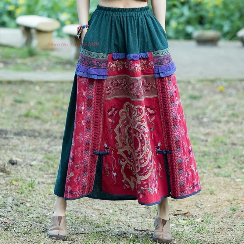 2025 chinese vintage ethnic skirt national flower embroidery cotton linen patchwork skirt traditional improved folk a-line skirt