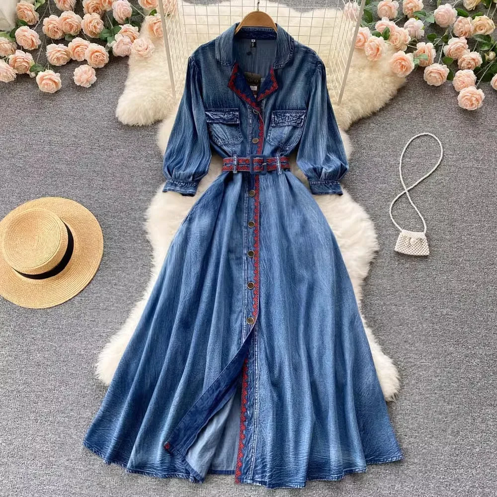 2024 New Elegant Autumn Single Breasted Denim Soft Midi Dress Vintage Women Notched Neck Flower Embroidery Belt Party Vestidos