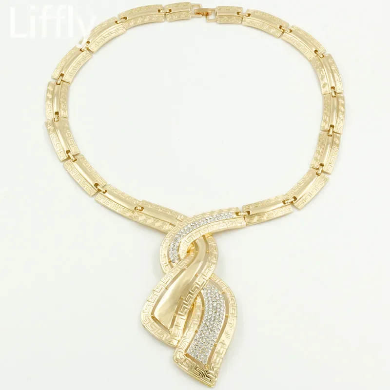 Fashion African Dubai Gold Color Jewelry Crystal Necklace for WomenHoop Earrings Italian Bridal Jewelry Sets Wedding Accessories