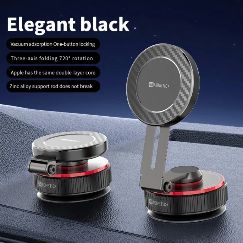 

Elegant Black Vacuum Car Magnetic Phone Holder 360° Rotating Foldable Dashboard Mount for Magsafe iPhone 17 16 15 14 13 Samsung