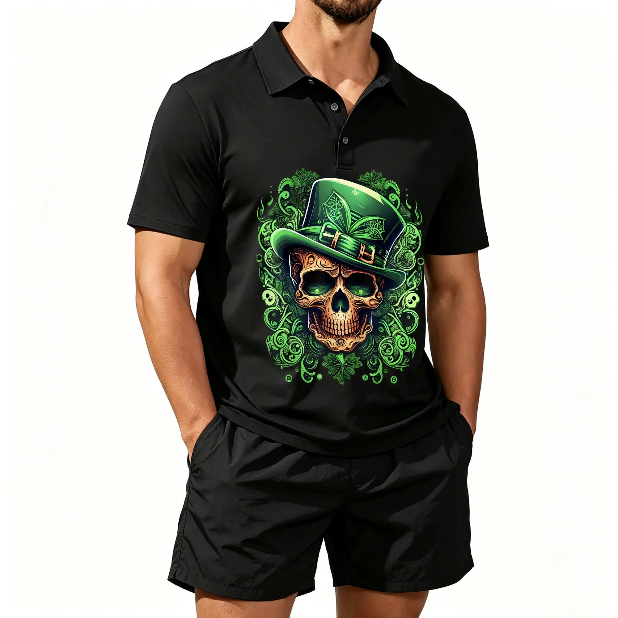 Conjunto de Camiseta Polo y Pantalones Cortos de Playa para Hombre, Estilo Calavera de Azúcar del Duende Irlandés del Día de San Patricio, Corte Casual y Cómodo