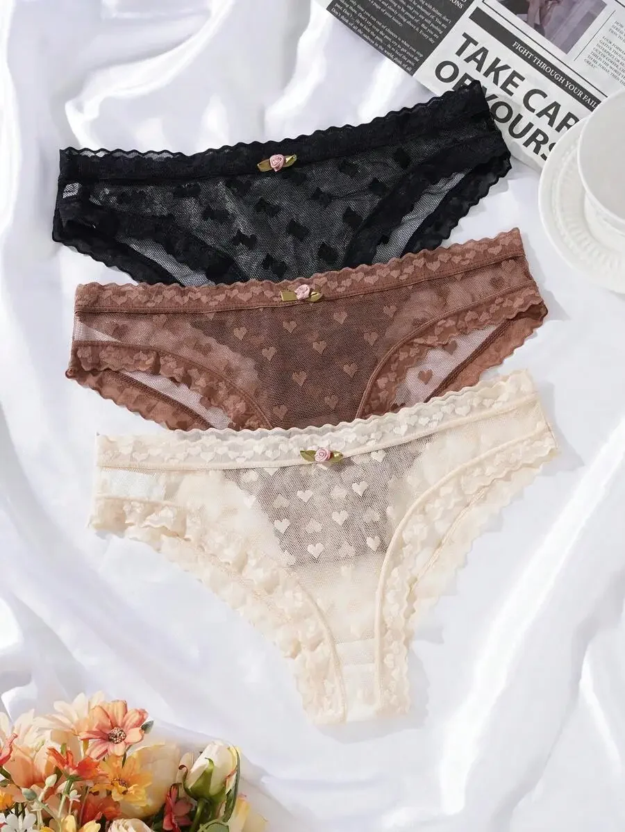 

3pcs Women Lace Mesh Briefs With Heart Pattern And Floral Embroidery