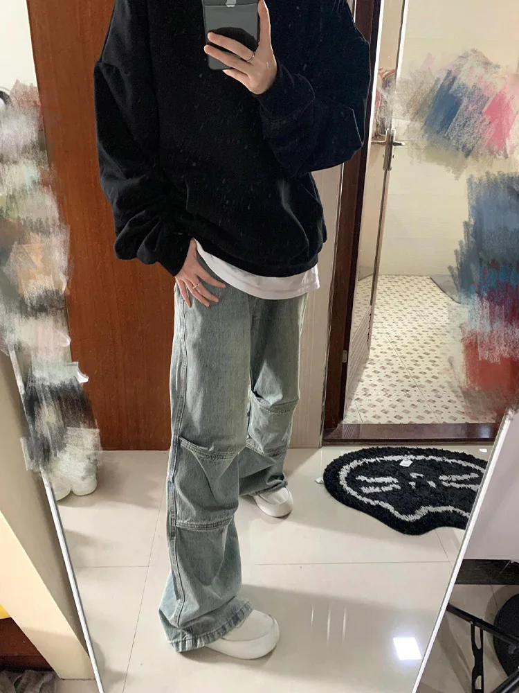 

Retro Blue Lazy Loose Feel Knife Jeans Men's Spring Autumn American High Street Flared Loose Slim Straight Leg Jeans