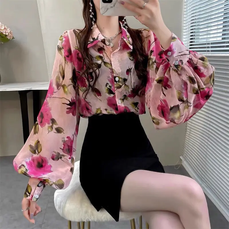 

Women Clothing Shirt Fashion Printed Lapel Lantern Sleeve Button Loose Chiffon Blouse Oversized Casual Tops Long Sleeve Commute