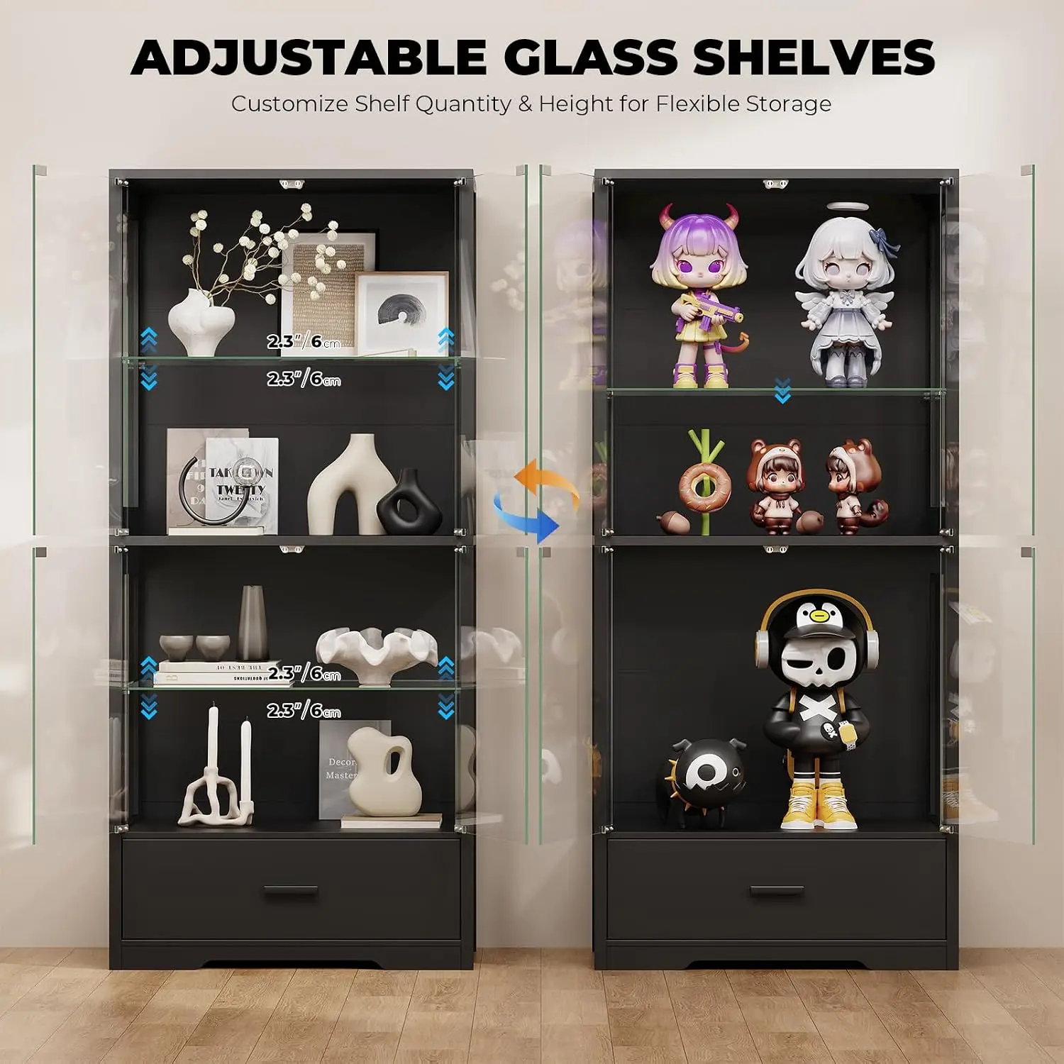 4-Tier Glass Door Display Cabinet with Drawer for Collectibles, Customized