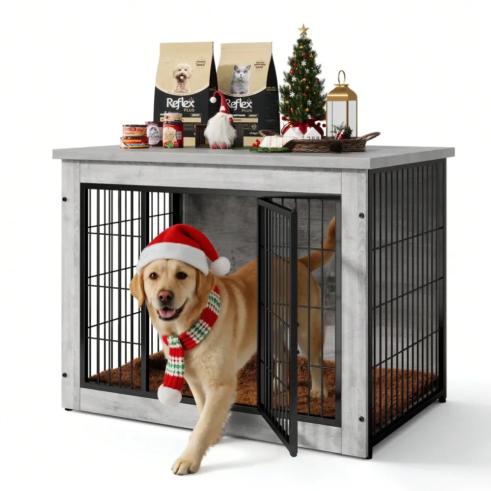 

Indoor Dog Crate Furniture With Thick Cushion DoubleDoor ChewResistant Wooden Kennel For All Dog Sizes