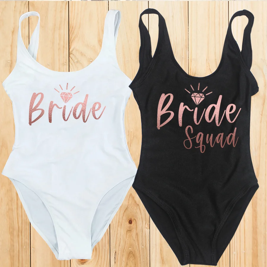 Rose Gold Print Bachelor Party One Piece Swimsuit Women BRIDE SQUAD Swimwear Bikini Sexy Bodysuit S-3XL Bathing Suit Beachwear