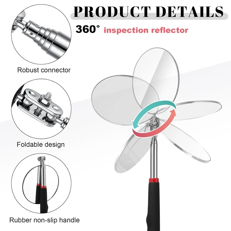 AT02-6Pcs LED Telescoping Inspection Mirror,Retractable LED Mechanical Mirror Tool,Retractable Under Vehicle Detection Mirror