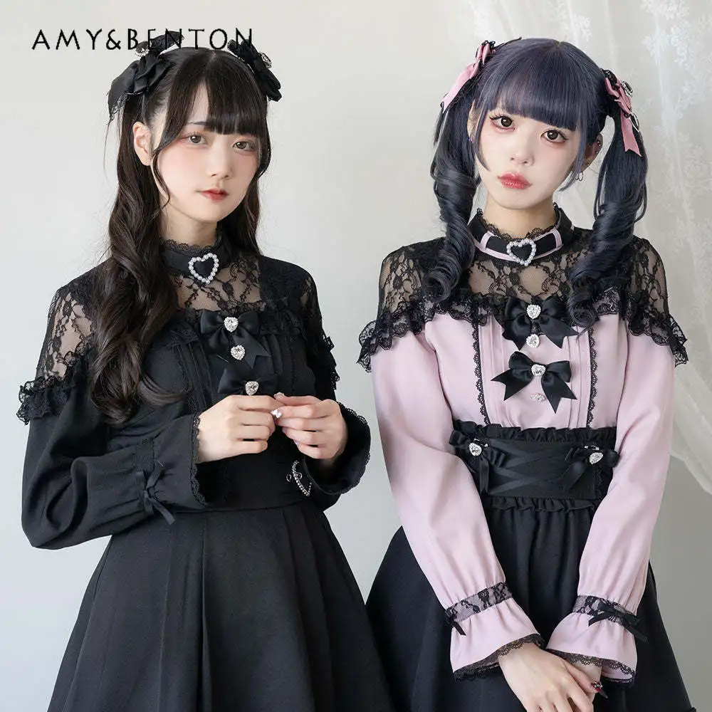 Japanese Sweet Off Shoulder Long Sleeve Lolita Shirt Mine Mass-Produced Cute Lace Stitching Hollow Love Heart Bow Blouse Women