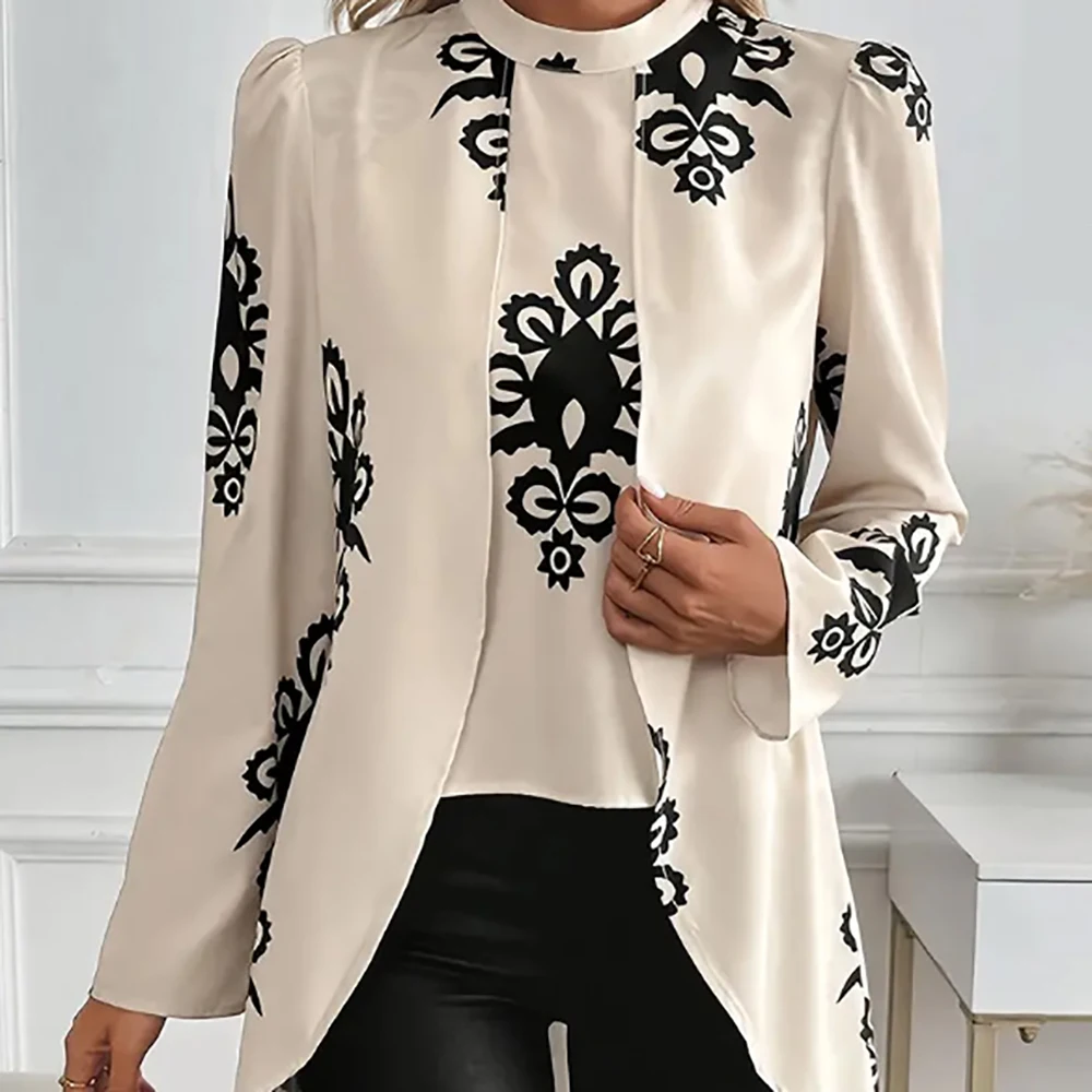 Women Plus Size Vintage Pattern Printed T-Shirts Elegant Crew Neck Tops Split Hem Casual Summer Autumn Female Chic Tees T-Shirts