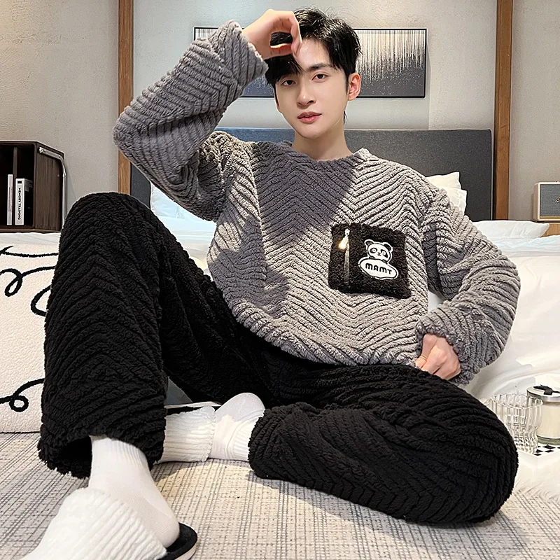 Higher Quality Thickened Warm Flannel Plus Size Men Pajamas Winter Nightwear Loungewear Striped Sleepwear Homewear Cartoon Bear