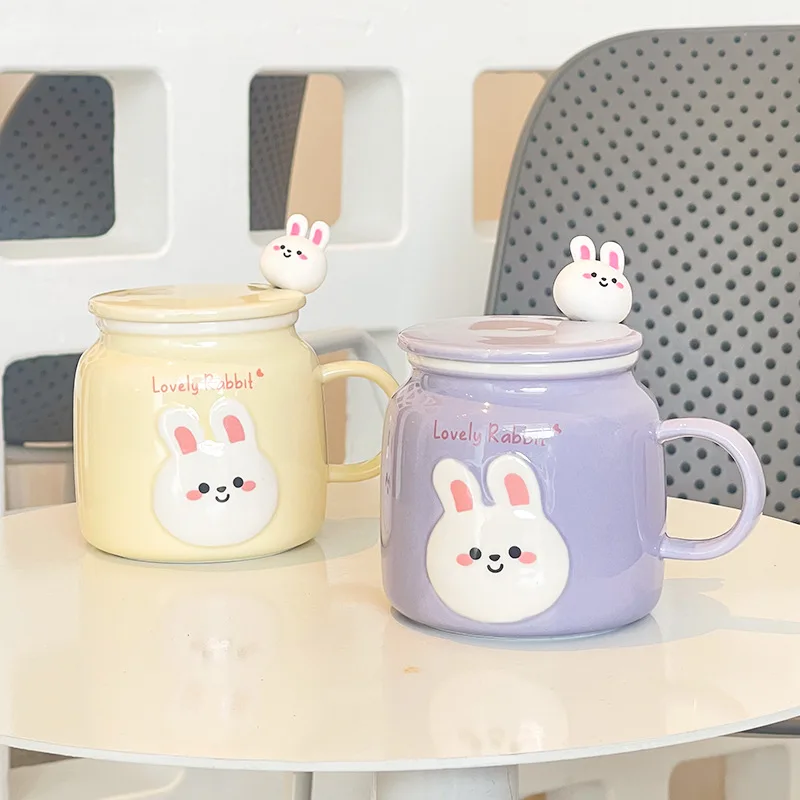 Cute Bunny Ceramic Cup with Lid and Spoon Big Capacity Creative Coffee Mug Office Milk Mug Ceramic Crafts Kitchen Drinkware