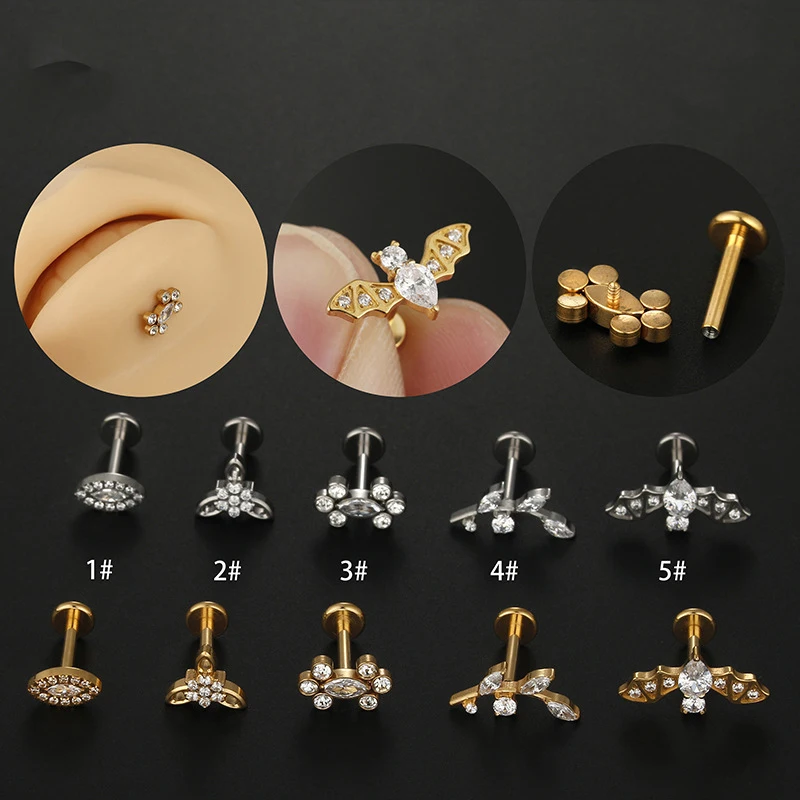 

Piercings Labret Lip Stud G23 Titanium Bat Leaf Zircon Internal Thread Ear Stud Helix Conch Cartilage Tragus Lobe Body Jewelry