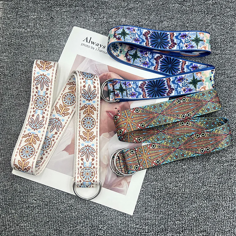 Ethnic Style Colorful Patterned Belt for Women, Versatile Personality, Double Loop Buckle Belt, Simple Canvas Casual Jeans Belt