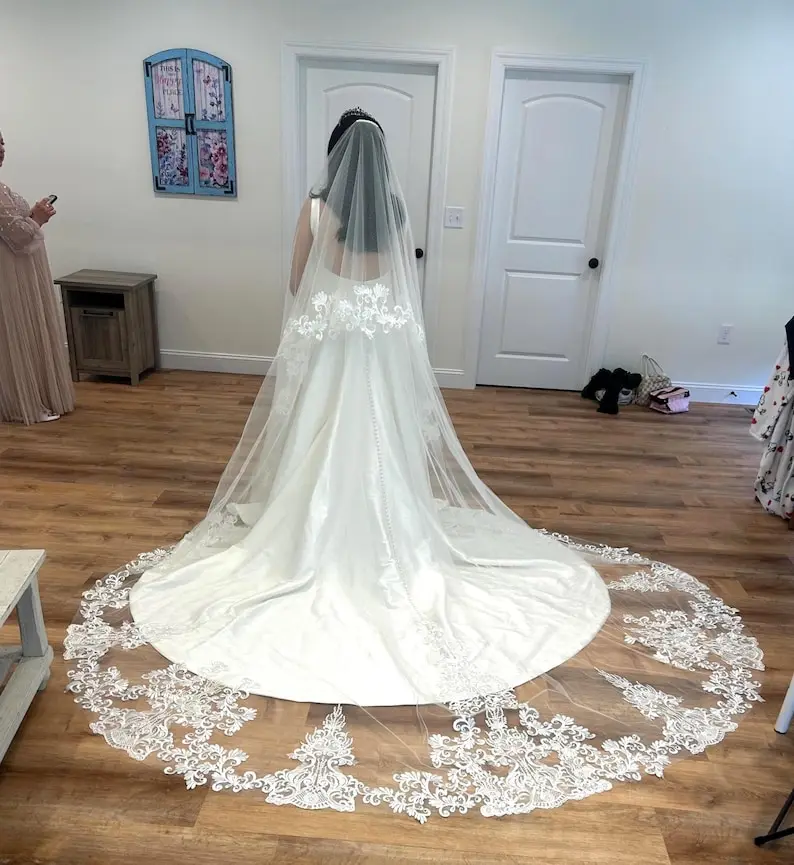 Handmade Lace Applique Cathedral Wedding Veil with Blusher Full Lace Veil Drop Veil- Custom Length & Color
