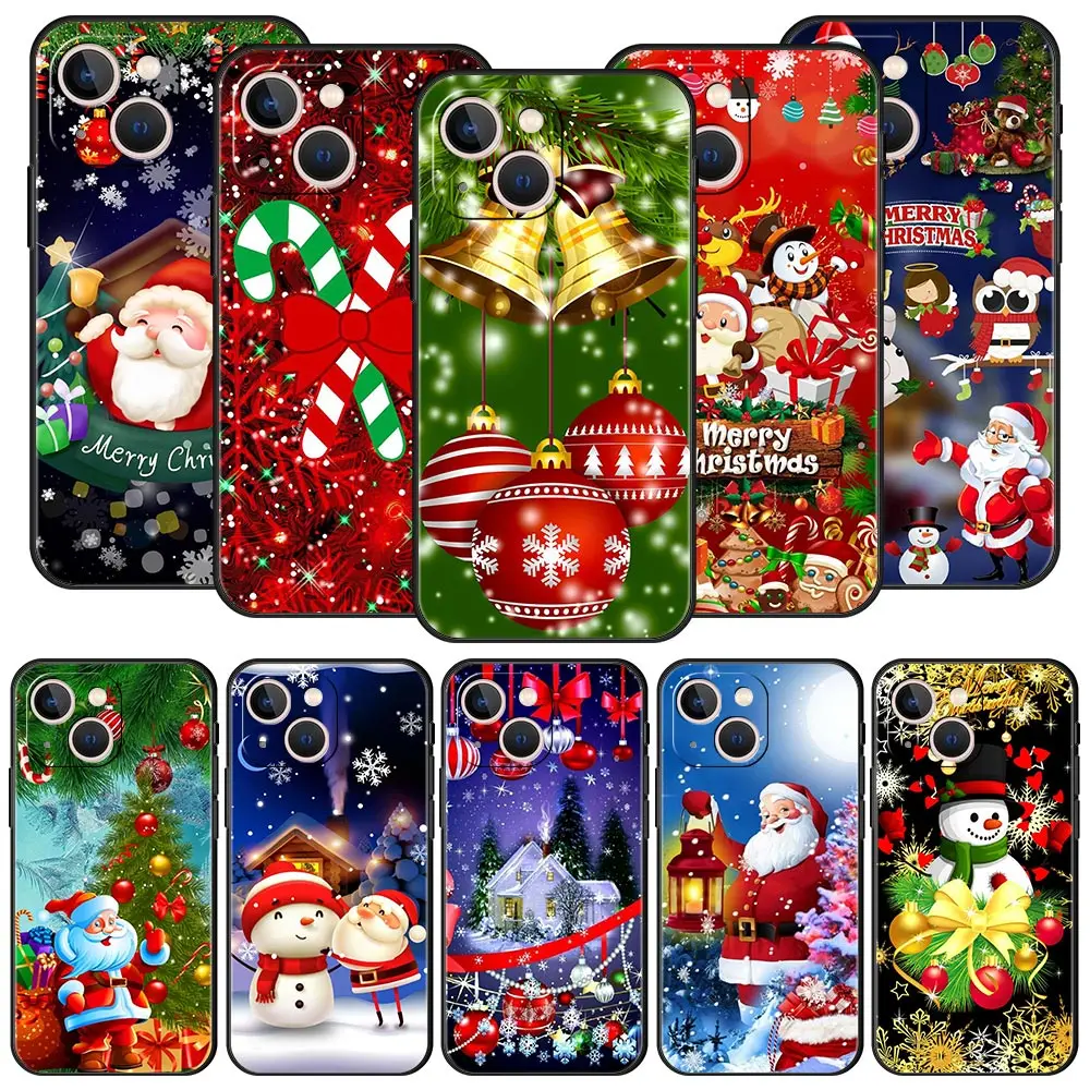 Christmas New Year Cartoon Case For iPhone Apple 14 13 12 11 Pro Max Mini 7 8 Plus XR XS X SE 2020 Phone Cover Black Coque Funda